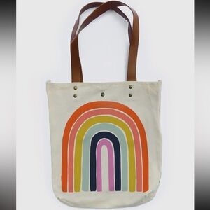Rainbow Canvas Tote Bag with Vegan Leather‎ Straps